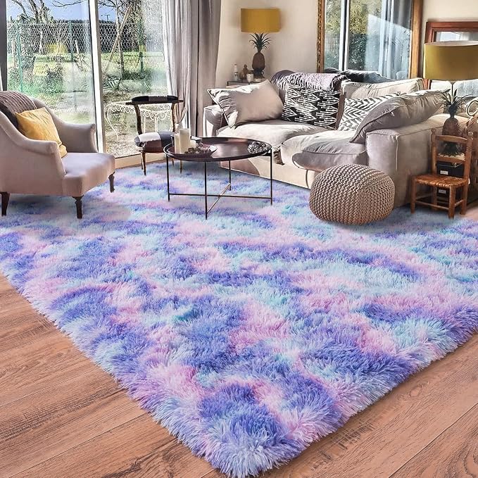 Rugs for Living Room 9x12, Soft Shaggy Modern Large Shag Area Rug for Bedroom, Upgrade Non-Slip Plush Fluffy Carpet for Kids Boys Girls Room Home Decor Aesthetic, Rainbow Purple