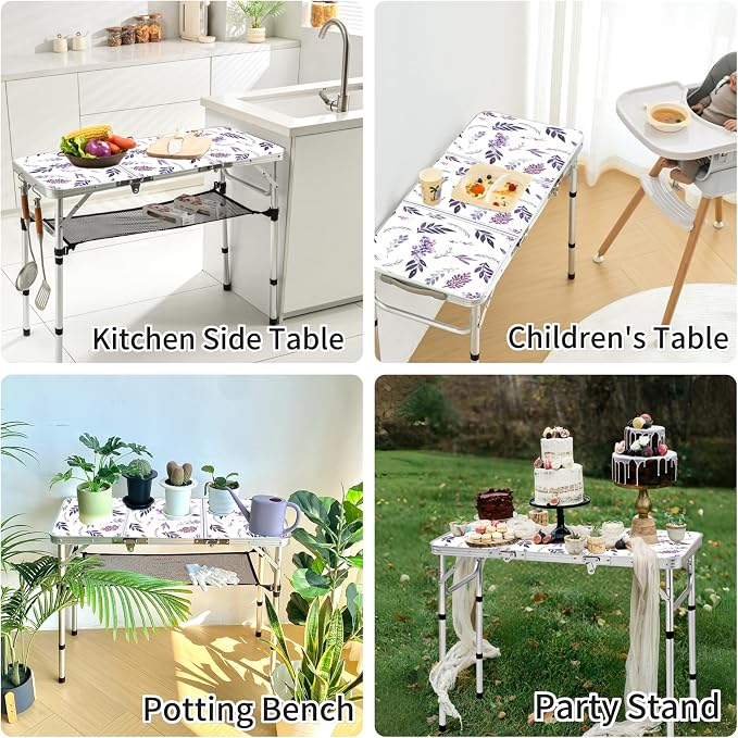 Yriuat Folding Camping Table 3ft Portable Picnic Table Adjustable Height Small Card Table Aluminum Foldable Lightweight with Carry Handle for Outdoor Indoor Hiking Camp BBQ Beach (Misty Lilac)