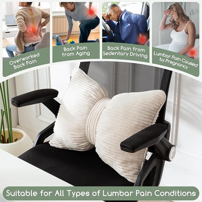 HIGOGOGO Lumbar Support Pillow for Recliner Chair, Bow Knot Shaped Back Support Cushion, Striped Corduroy Soft Decorative Lumbar Pillow for Office Chair, Sofa, Car, Bed, Living Room - Beige