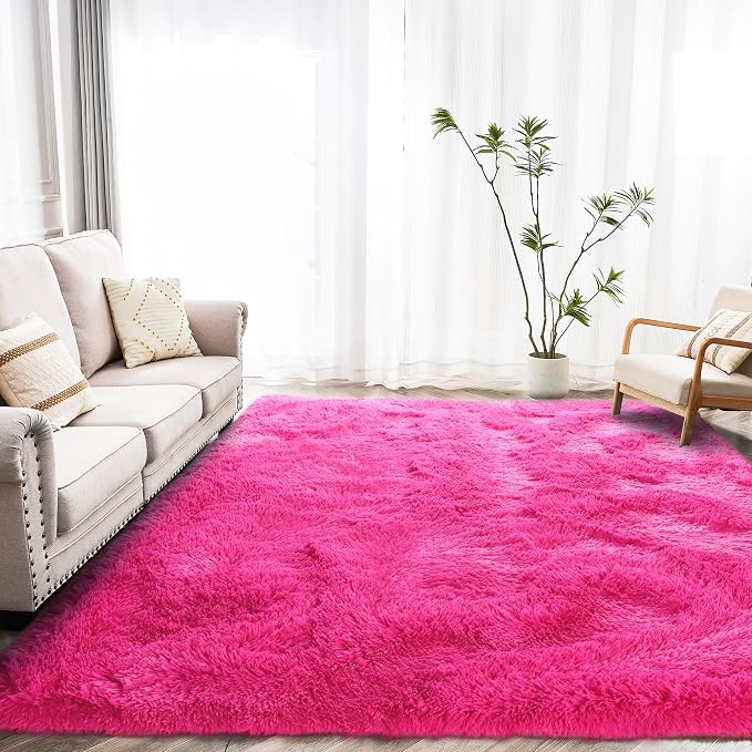 Awaytail Fluffy Rug Stain Resistant 6x9 Feet, Hot Pink Throw Rugs Bedroom Nursery Rug Furry Throw Carpets for Teen Girls