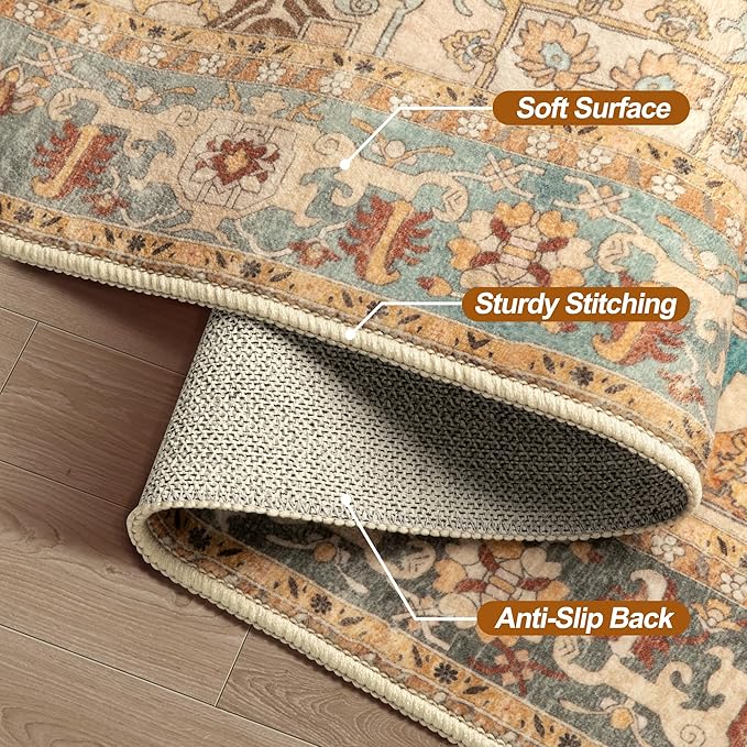 Tangsoo 6x9 Area Rug Washable Rugs for Living Room, Vintage Indoor Non Slip Large Area Rugs, Print Distressed Orange Carpet, Oriental Soft Low Pile Foldable Floor Rug for Bedroom Dining Room