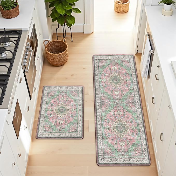 Boho Kitchen Mats for Floor 2 Piece Set Anti Fatigue Cushioned PVC Kitchen Rugs Non Slip Waterproof Farmhouse Mats 2/5 Inch Comfort Standing Mat for Sink, Laundry, 17.3"x47"+17.3"x28", Green Pink