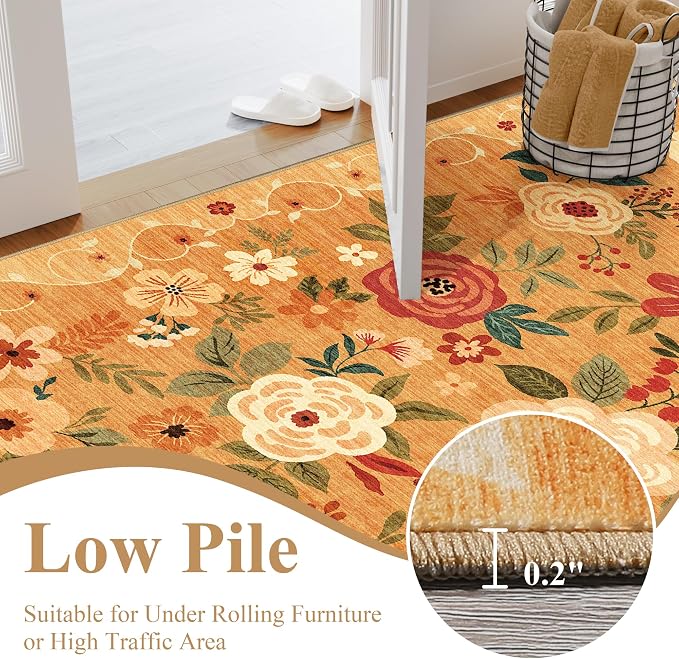 DUKINO 3x8 Runner Rug, Washable Rug for Kitchen with Non Slip Backing, Soft Non Shedding & Low Pile Design Long Floor Carpet Runner for Hallway, Bathroom, Entryway, Laundry, Orange