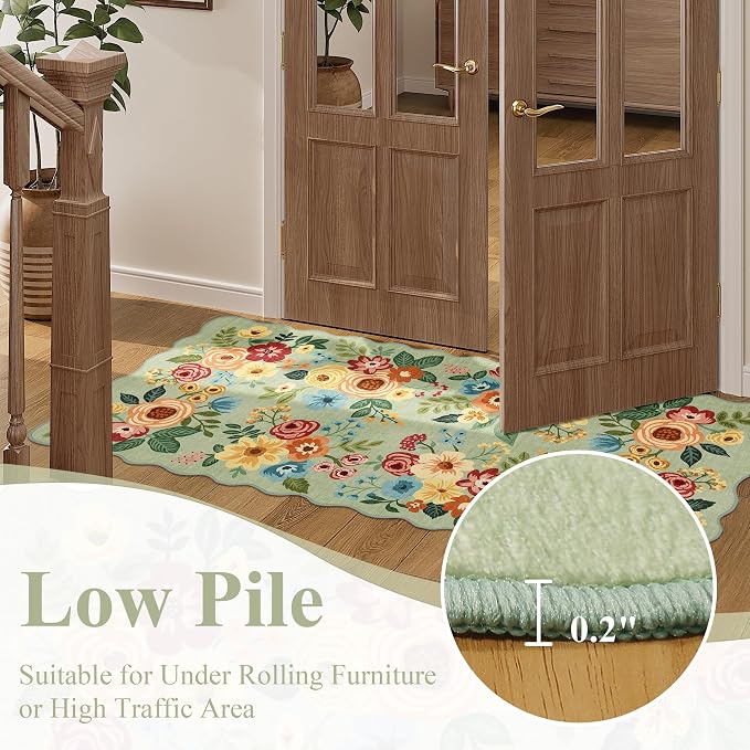 DUKINO 2.6x10 Runner Rug for Hallway, Lightweight Washable Floral Kitchen Rug with Non Shedding, Soft Low Pile & Non Slip Backing Boho Runner for Entryway, Bathroom, Laundry, Bedroom, Green