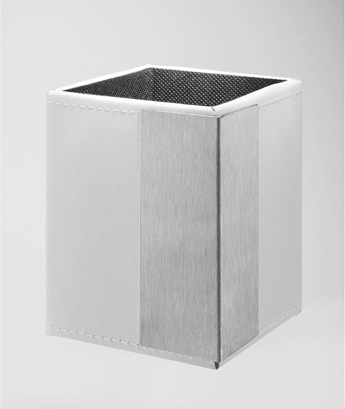Architect Line Leather-Like Pencil Cup, White with Brushed Metal, Matching White Stitching and Velvet-Like Lining