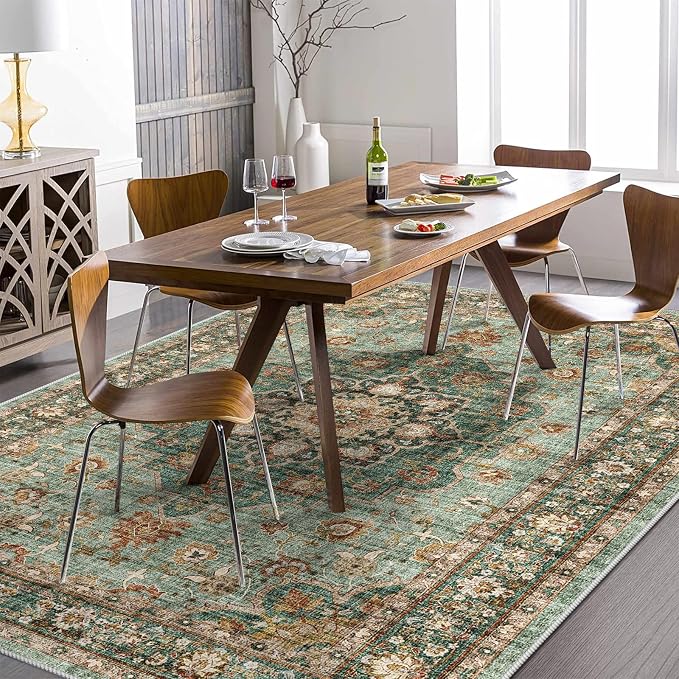 TOPRUUG Washable Oriental Area Rug - 5x7 Rugs for Living Room Soft Carpet for Bedroom Waterproof Floral Distressed Indoor Stain Resistant Non-Shedding Floor Carpets (Green, 5x7)