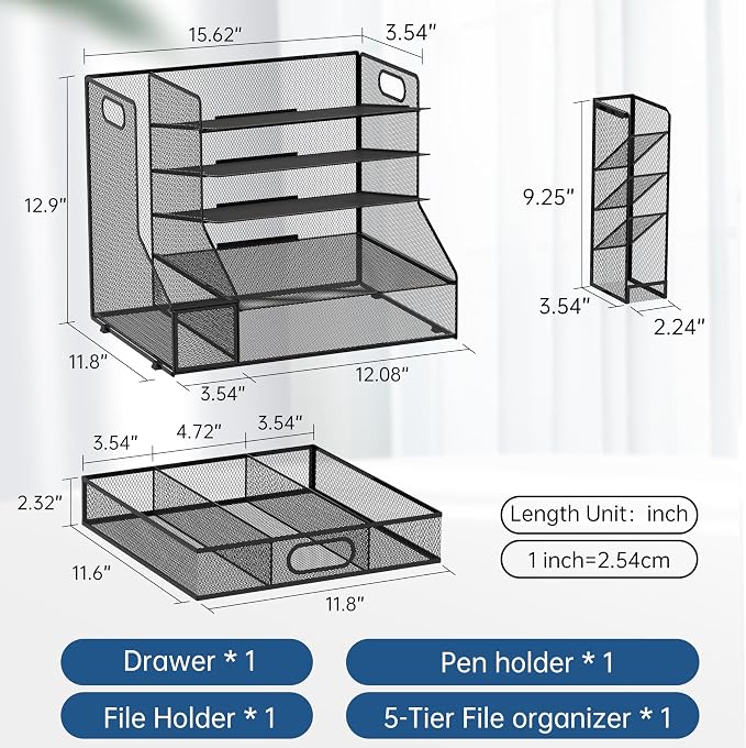 Desk Organizer with 5 Tier File Holder and Sliding Drawer Pen Holder Black | Paper Letter Tray with 3 Tilted File Sorters to Keep Desk Accessories and Office Supplies within Reach