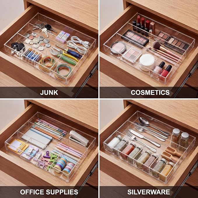 Large Acrylic Desk Deep Drawer Organizer with Adjustable Dividers, Anti-skip Clear Desk Top Junk Drawer Storage Tray for Pens, Desktop, Office, Bathroom, Kitchen, Makeup Supplies(6 Compartments)