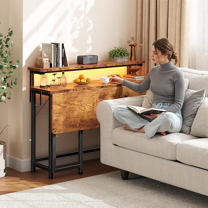 Folding Desk for Small Space,Foldable Computer Desk with Monitor Stand,31.5 Inch Small Desk with LED Lights for Bedroom Home Office,Writing Work Office Computer Desk with Hooks,Rustic Brown