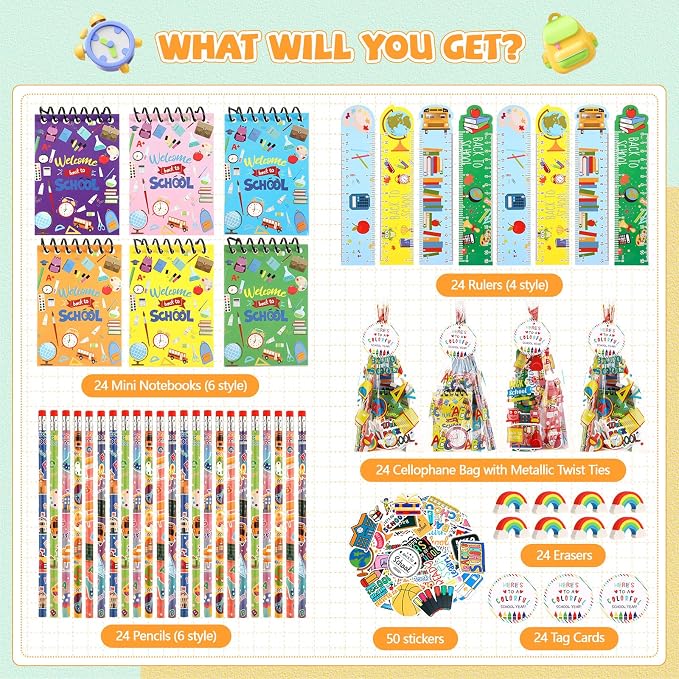 Kolldenn 24 Set Back to School Stationery Set for Students, First Day of School Treat Bags Mini Notebook Pencil Ruler Eraser Sticker Welcome to Schools Gifts for Classroom Gifts Goodie Bags Fillers