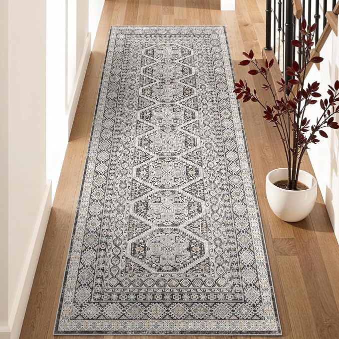 3x8 Runner Rug Kitchen Washable: Oriental Indoor Hallway Runners with Non Slip Backing Floor Mat for Entryway Door Low Pile Thin Carpet for Bedroom Bathroom Living Room Bedside Black