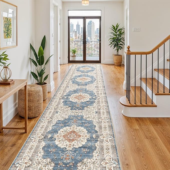3x16 Washable Hallway Runner Rug:Oriental Indoor Kitchen Rugs Vintage Door Mat Non Slip with Rubber Backing Low Pile Thin Carpet for Bedroom Bathroom Living Room Bedside (3x16 Blue/Beige)