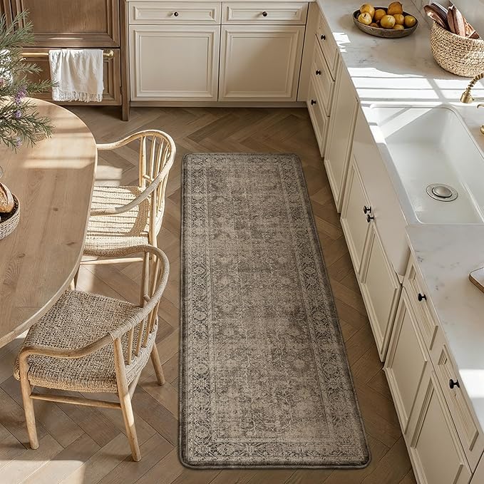 PureCozy Kitchen Mats 2PCS Anti Fatigue Cushioned Mat Brown Vintage Kitchen Mats for Floor Waterproof Non Slip Comfort Standing Distressed Rug for Sink Laundry Office 17.3"x59"+17.3"x30"