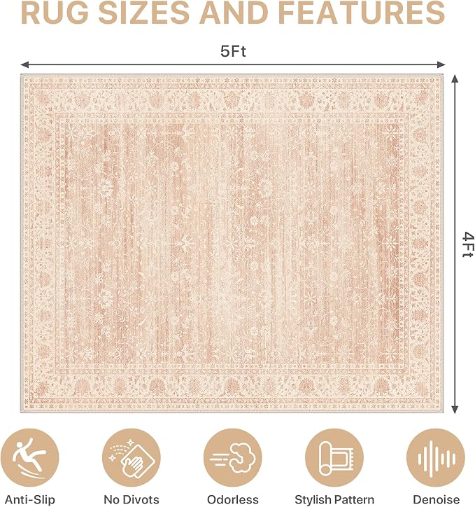 48"x60" Office Chair Mat for Hardwood Tile Floor, Under Desk Carpet Protector for Rolling Computer Chair Mat, Machine Washable Area Rug, Anti-Slip 1/5" Thick Low Pile Thin Vinyl Floor Mat, Dusty Pink