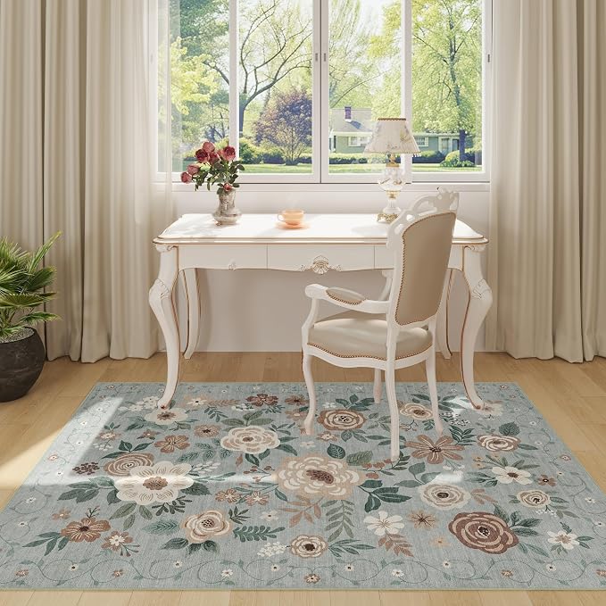 DUKINO 4x6 Feet Office Chair Mat, Lightweight Non Slip Washable Floral Area Rug, Indoor Low Pile & Non-Shedding Boho Design Rugs for Bedroom, Living Room, Dining Room, Sage Green