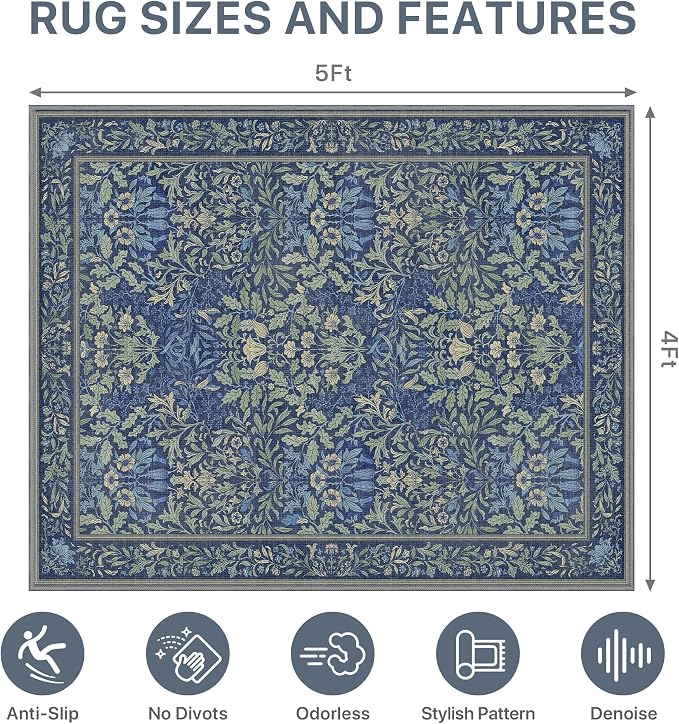 48"x60" Office Chair Mat for Hardwood Tile Floor, Under Desk Carpet Protector for Rolling Computer Chair Mat, Machine Washable Area Rug, Anti-Slip 1/5" Thick Low Pile Thin Vinyl Floor Mat, Dark Blue