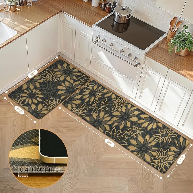 GENIMO Anti Fatigue Kitchen Mats for Floor 2PCS, Cushioned Standing Mats | 17.3"x59"&17.3"x30", Black Brown vintage floral rug set, waterproof, non slip, easy-clean for farmhouse