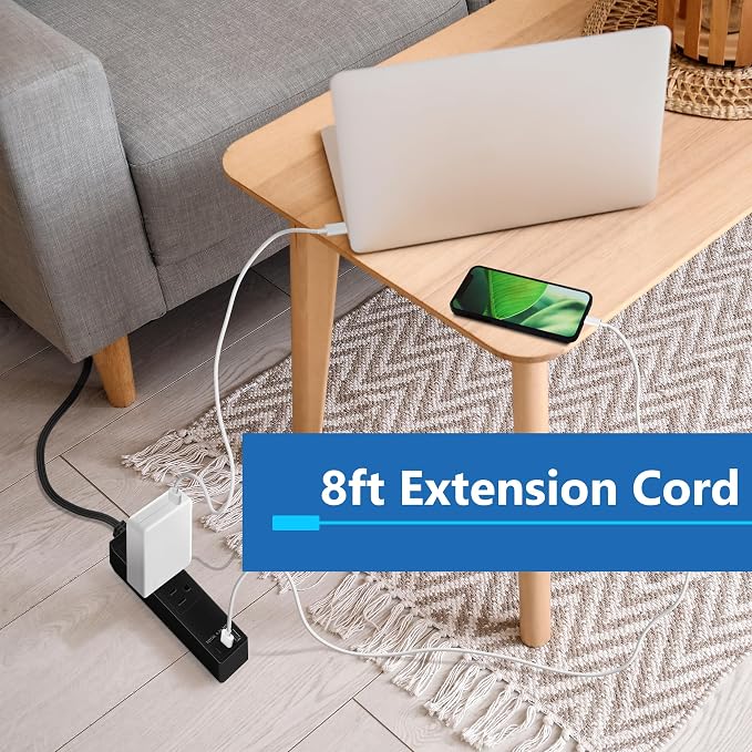 LIDER Outlet Extender with 3 Receptacles, 21W USB-A & 2 USB-C, Ultra-Thin Wall Plate Plug with Cord Extender, 3-Outlet Power Strip, Flat-Face, 8ft Cord, 1625W, ETL Listed, Matte Black