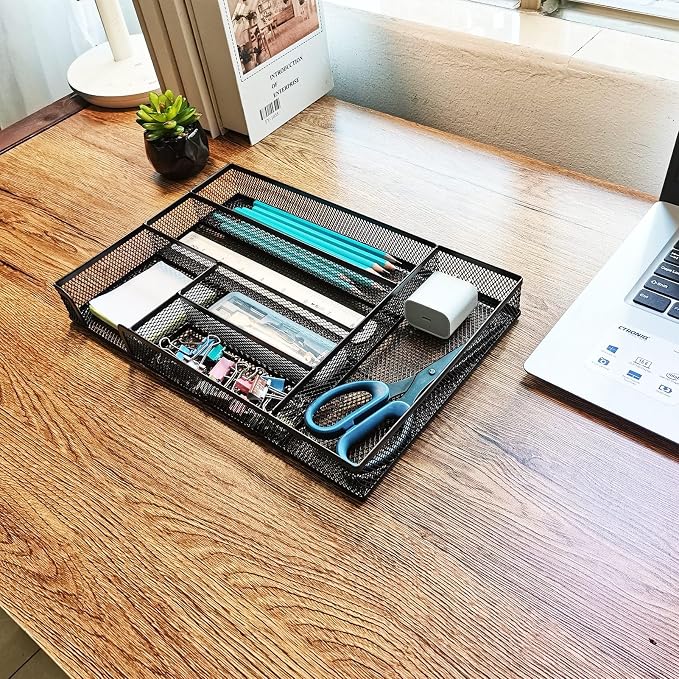 2-Pack Metal Mesh Desk Drawer Organizer Tray Set, 6-Compartment Office Drawer Organizer for Pens Supplies, 12.6"x8.27"x1.57" Black