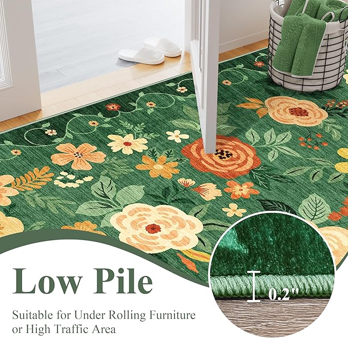 DUKINO 4x6 Area Rug, Lightweight Non Slip Washable Floral Rug, Indoor Low Pile & Non-Shedding Boho Design Rugs for Bedroom, Living Room, Dining Room, Dark Green