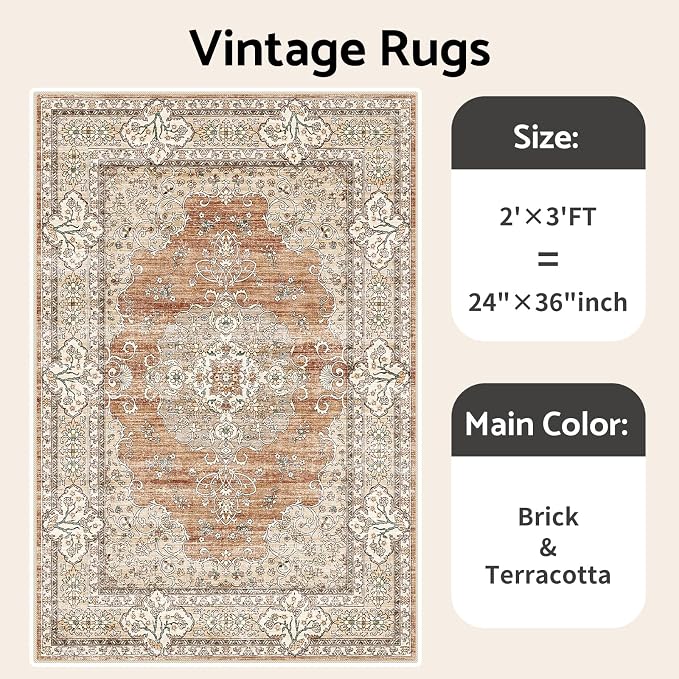 Puino Washable Entryway 2x3 Rug: Small Boho Rugs for Indoor Entrance Non Slip Backing Stain Resistant Carpet Low Pile Throw Rugs for Bedroom Bedside Inside Front Door Floor Kitchen Decor(Brick,2x3FT)