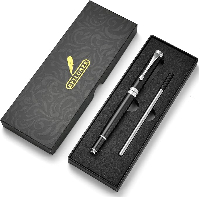 BEILUNER Ballpoint Pens, Stunning Black Chrome Ballpoint Pen with Silver Trim, Best Ball Pen Gift Set for Men & Women, Professional, Executive, Office, Fancy Pen-Gift Box With 0.5mm Extra Black Refill