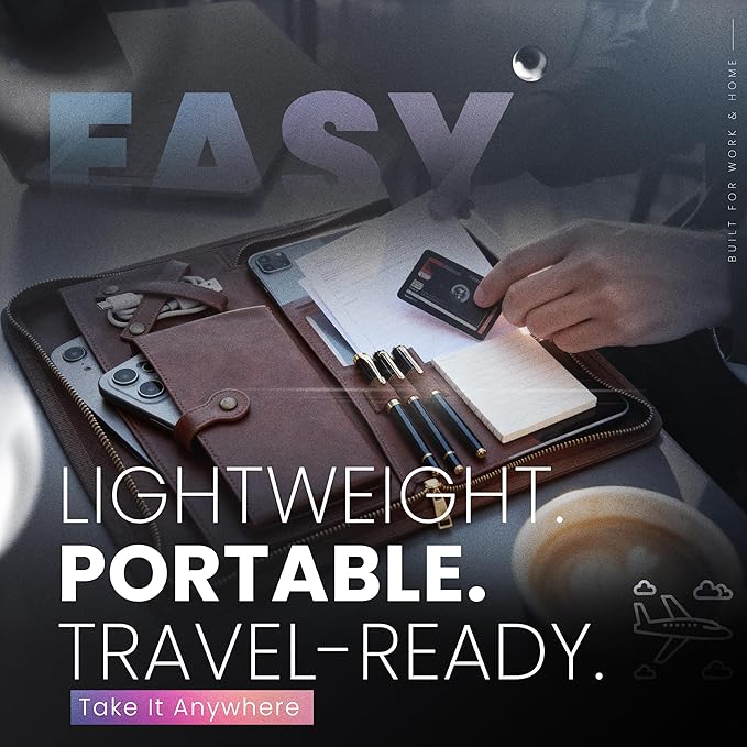 Leather Portfolio with Anti-RFID Protection, Business Portfolio with Zipper, Padfolio, Leather Portfolio for Men and Women, Vegan Leather Folder, Anti-Scam Technology Embedded, Business Impression