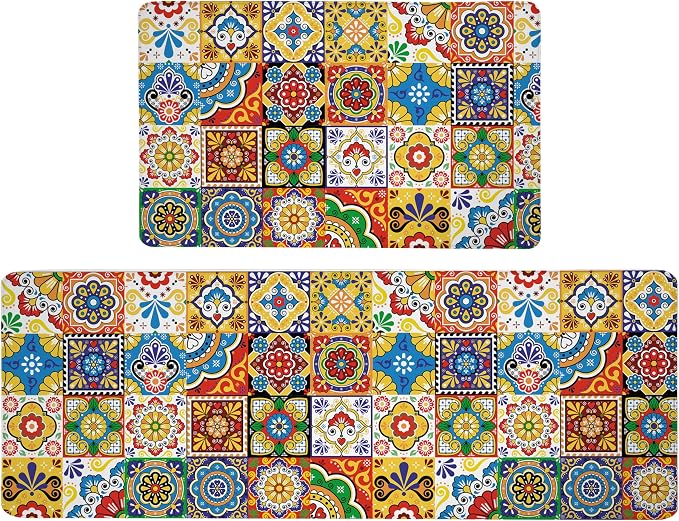 Boho Kitchen Rugs Set 2 Memory Foam Colorful Ceramic Comfort Tile Floor Mat Anti Fatigue Non-Skid PVC Runner Rug Water & Oil Proof Carpet for Kitchen Laundry Sink,17.3x28+17.3x47 Inch, C2