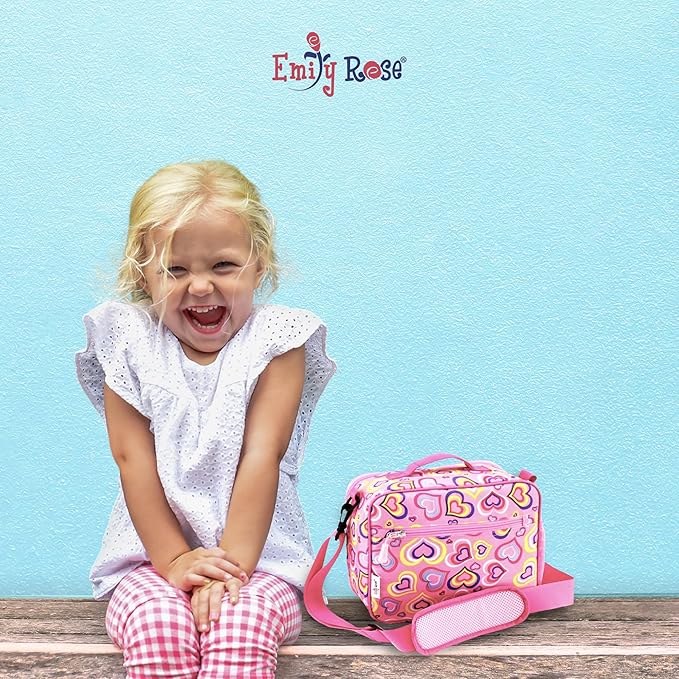 Emily Rose Girls School Set 3-PC Complete Bundle - Insulated Lunch Box + Backpack + Water Bottle with Notebook & Pencils - Ages 3-7 Back to School Supplies BPA Free Pink Hearts