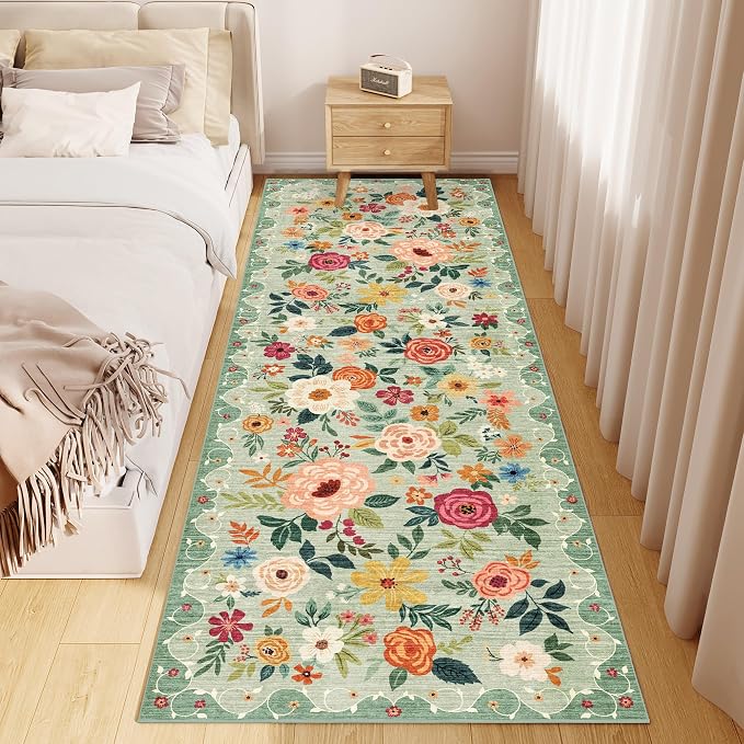 DUKINO 2x6 Kitchen Runner Rug for Hallway, Washable Runner Rug with Non Slip Backing, Low Pile Soft Boho Spring Floral Carpet for Kitchen, Hallway, Entryway, Laundry, Bedroom, Green