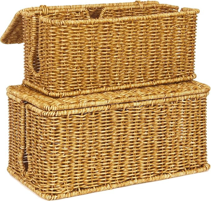 ZhiYo Rattan Cable Management Box, Cord Organizer, Nature, 13.5"x6.2"x6" | Handwoven imitation rattan cord hider box conceals power strips and cables for a clean desk or floor setup