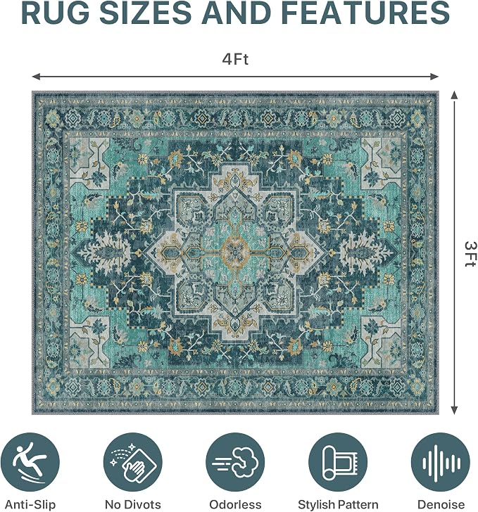 36"x48" Office Chair Mat for Hardwood Tile Floor, Under Desk Carpet Protector for Rolling Computer Chair Mat, Machine Washable Area Rug, Anti-Slip 1/5" Thick Low Pile Thin Vinyl Floor Mat, Turquoise