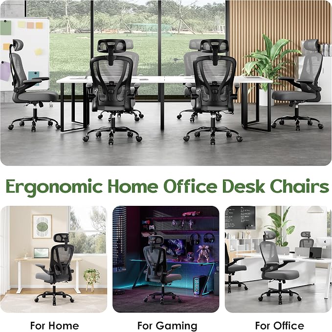 Office Chair Ergonomic Desk Chair - Mesh High Back Office Chair with Headrests Wheels Lumbar Support Home Desk Office Chairs Flip up Armrest Executive Rolling Computer Chair Black Gray 2 Pack