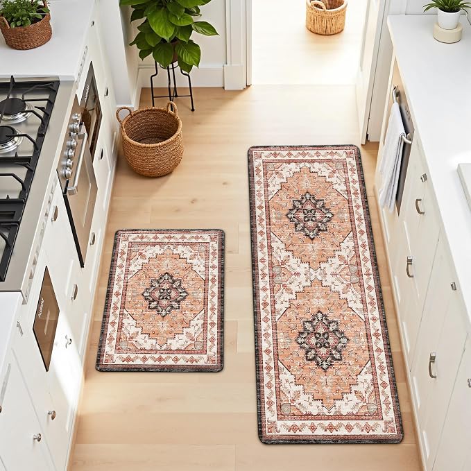 Boho Kitchen Mats for Floor 2 Piece Set Anti Fatigue Cushioned PVC Kitchen Rugs Non Slip Waterproof Farmhouse Mats 2/5 Inch Comfort Standing Mat for Sink, Laundry, Office, 17.3"x59"+17.3"x28", Orange