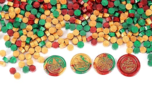 Yoption 360 Pcs Sealing Wax Beads Kit, Metallic Red, Green, Gold Christmas Wax Seal Beads with Candles and Melting Spoon