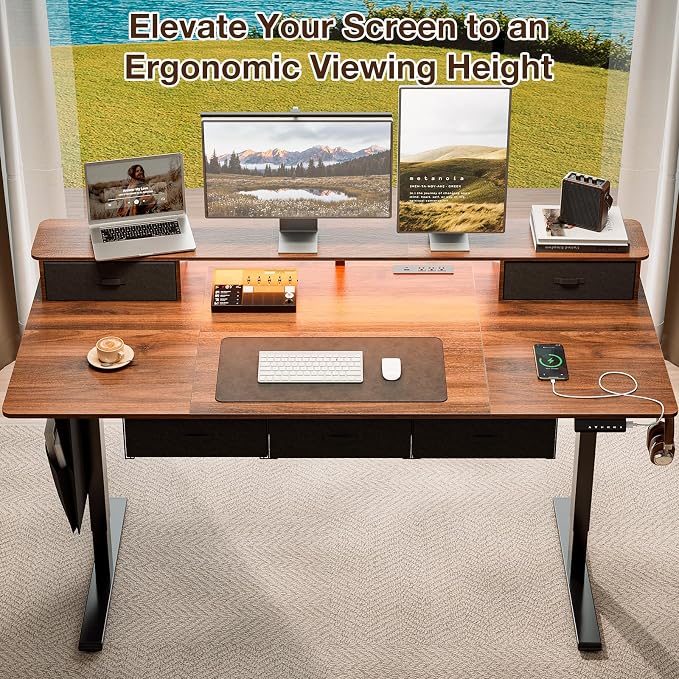 63x32 Inch Electric Standing Desk with 5 Drawers, Sit Stand Desk with Power Outlets, Monitor Shelf, LED Light and Cable Management, Height Adjustable 28.3-47.2 Inch for Home & Office, Walnut