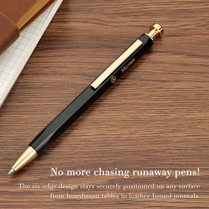 MCNTEIK Black Click Pen With 24K Gold Finish, Fine lacquer work, Exquisite Gel Pen Gift Set for Men & Women, ADMOK Black refill, Office Supplies, Professional, Executive, Nice Retractable Pen