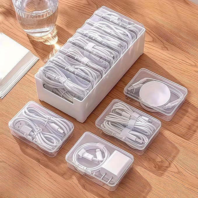 11 Grid Clear Cable Organizer Box with Switch for Desktop Cord Storage | Office desktop use, home wire sorting, stationery storage, detachable dividers, tidy cable arrangement