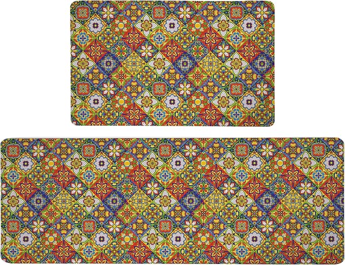 Boho Kitchen Rugs Set 2 Memory Foam Colorful Ceramic Comfort Tile Floor Mat Anti Fatigue Non-Skid PVC Runner Rug Water & Oil Proof Carpet for Kitchen Laundry Sink,17.3x28+17.3x47 Inch, C4