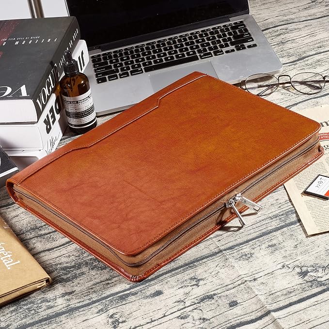 Vegan Leather Portfolio Binder, 3 Ring Binder Padfolio, Brown Leather Binder Portfolio with Zipper, Handmade Portfolio Oranizer, Personalized Portfolio Folder for Lefty & Righty (Brown, Non-Custom)