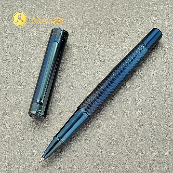 Electroplated Blue Rollerball Pen, Stunning Luxury Pen with Mesh Texture Design、Schmidt Ink Refill, Nice Gift Set for Men & Women, Business, Executive, Office, Fancy, Nice Fancy Designer Pens