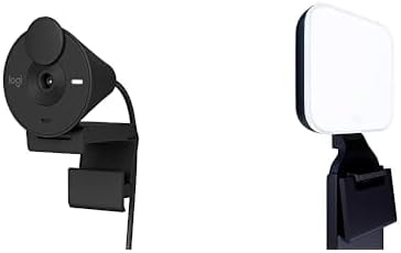 Logitech Brio 301 Full HD Webcam with Privacy Shutter, Noise Reduction Microphone-Off White + Litra Glow Premium LED Streaming Light with TrueSoft, adjustable monitor mount