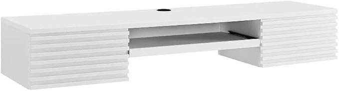 Pemberly Row Wall-Mount Office Desk, 60 in Wide Particleboard with Wood Grain Laminate, White Finish, Pull-Out Keyboard Tray, Full-Extension Drawers, Mid-Century Modern Style for Home Office or Dorm