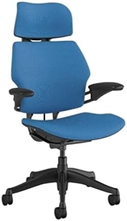 Humanscale Freedom Office Chair with Headrest - Ergonomic Work Chair with Standard Height Adjustable Duron Arms - Wheels for Hard Flooring - Graphite Frame with Azure Corde 4 Fabric