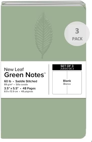 New Leaf Green Notes™ Memo Books, Sustainably Designed, 100% Recycled Paper, Chestnut Embossed Cover, Blank Pages, 3.5" x 5.5", 3 Books Per Pack
