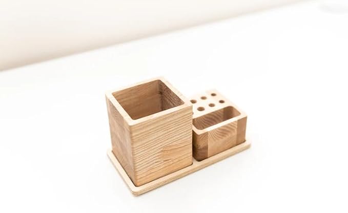 Natural Wood Desk Organizer, Modern Minimalist Pen Holder Set with Multi-Compartment, Desktop Storage Caddy for Office Home School Supplies, Light Brown