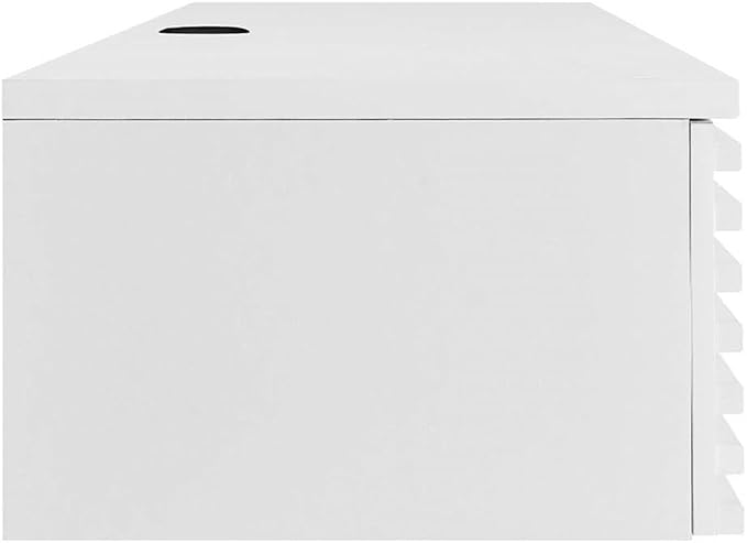 Pemberly Row Wall-Mount Office Desk, 60 in Wide Particleboard with Wood Grain Laminate, White Finish, Pull-Out Keyboard Tray, Full-Extension Drawers, Mid-Century Modern Style for Home Office or Dorm