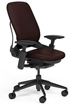 Steelcase Leap Desk Chair Mahogany Leather Seat and Back - Highly Adjustable Arms - Black Frame and Base - Soft Dual Wheel Hard Floor Casters