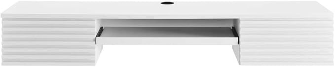 Pemberly Row Wall-Mount Office Desk, 60 in Wide Particleboard with Wood Grain Laminate, White Finish, Pull-Out Keyboard Tray, Full-Extension Drawers, Mid-Century Modern Style for Home Office or Dorm