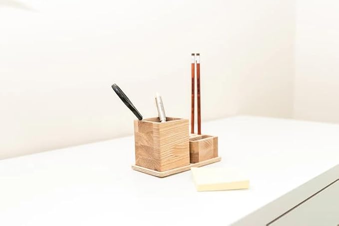 Natural Wood Desk Organizer, Modern Minimalist Pen Holder Set with Multi-Compartment, Desktop Storage Caddy for Office Home School Supplies, Light Brown